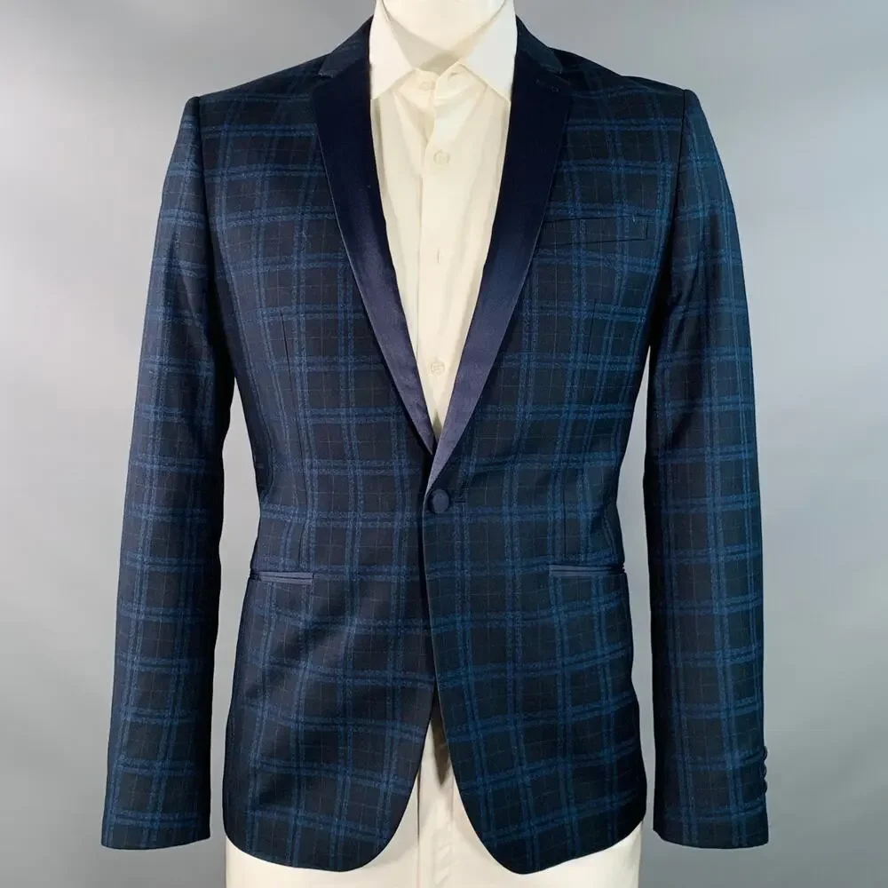 FARAH Size 42 Regular Navy Blue Plaid Polyester Blend Slim Fit Sport Coat